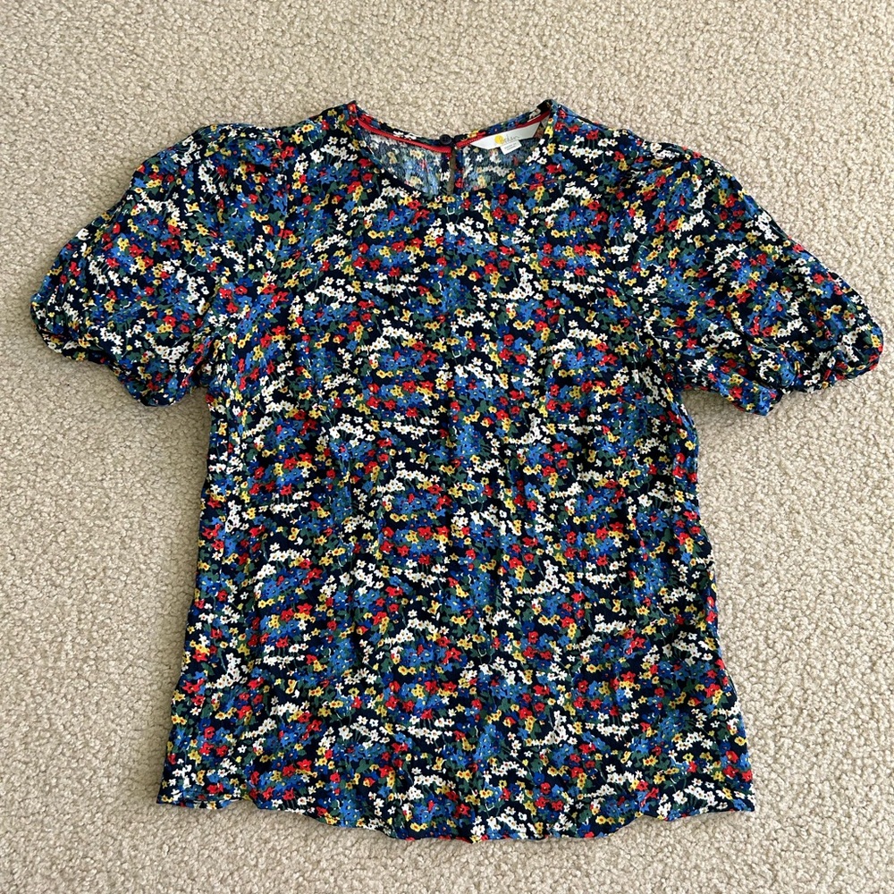 BODEN Ditzy Floral Broad Bean French Navy Puff Short Sleeve Blouse Shirt US 4